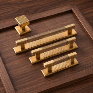 Ribbed Gold Cabinet Handles and Square Knob, Modern Drawer Pulls, Textured Kitchen Cupboard Hardware, Dresser and Wardrobe Door Handles