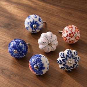 Keramik-Schrankknöpfe, blau-weiße Schubladengriffe mit Blumenmuster, runde Kommodenknöpfe mit Blumenmuster, Küchenschrankbeschläge im Vintage-Stil