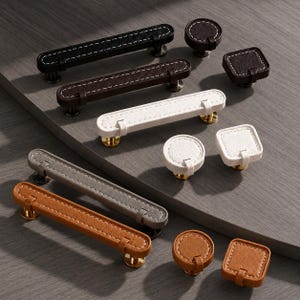 Stitched Leather Cabinet Pulls and Knobs, 96mm 128mm Drawer Handles, Round Square Knobs, Modern Kitchen Dresser Wardrobe Furniture Hardware