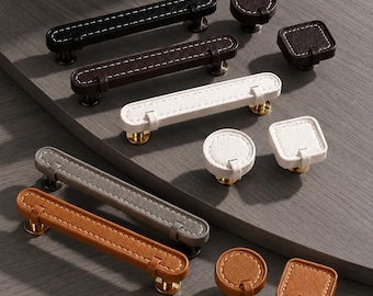 Tiradores y pomos de cuero cosido para armarios, 96 mm 128 mm Tiradores para cajones, pomos redondos y cuadrados, herrajes modernos para muebles de cocina, cómoda y armario