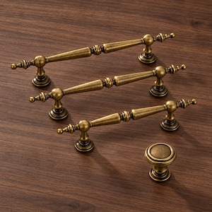 Antique Brass Cabinet Handles and Knobs, Ornate Spindle Drawer Pulls, Vintage Kitchen Hardware, Dresser Wardrobe Pulls, 96mm 128mm 160mm