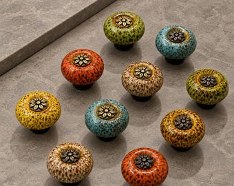 Tiradores de cerámica vintage para armarios, tiradores florales moteados para cajones, pomos coloridos para cómodas, pomos para armarios de cocina, herrajes para muebles de estilo cottagecore.