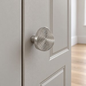 May include: A silver-toned cupboard knob with an irregular, rounded shape and a textured surface featuring concentric, swirling circular lines. The knob is mounted on a light grey panelled door, providing a metallic accent to the surface.