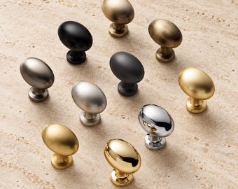 Oval Cabinet Knobs, Egg Shaped Drawer Pulls, Modern Kitchen Cupboard Hardware, Dresser Knobs, 8 Finishes, Gold Black Chrome Nickel Bronze