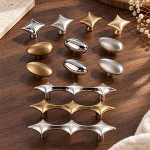 Star Cabinet Knobs and Drawer Pulls, Oval Bean Handles, Antique Brass Chrome Silver Gold, Kitchen Dresser Wardrobe Hardware, 76mm Pulls