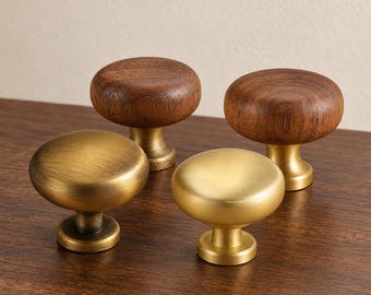 Tiradores redondos para armarios, pomos de latón antiguo y madera para cajones, tiradores para armarios de cocina, tiradores tipo seta para cómodas, herrajes para muebles de un solo orificio.