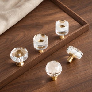Clear Crystal Cabinet Knobs, Gold Drawer Knobs, Faceted Round and Cylinder Pulls, Dresser Handles, Kitchen Cupboard Hardware, Vanity Knobs