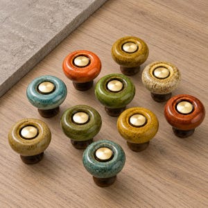 Speckled Ceramic Cabinet Knobs, Round Gold Center Drawer Pulls, Colorful Dresser Knobs, Vintage Kitchen Cupboard Hardware, Furniture Handles