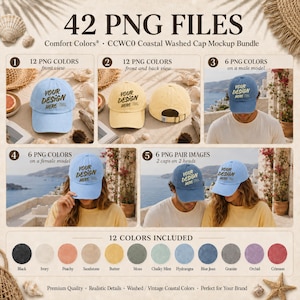 42 PNG Coastal Washed Cap Comfort Colors®CCWC0 Collection Mockup Bundle, 12 Colors Aesthetic Front & Back Cap Mock Bundle, Washed Hat Mockup