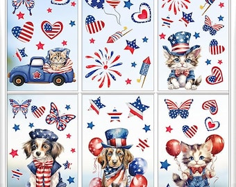 Patriotic Window Clings 95 Pcs, 4th of July Independence Day Decals, Truck Fireworks Star Flag Cat Dog Stickers