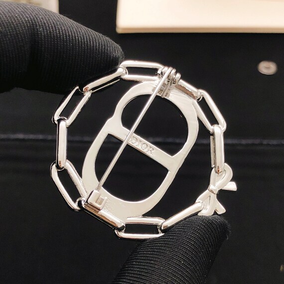 Vintage Silver Crystal Chain CD Brooch Pin, Elegant Geometric Monogram Style Brooch View 3