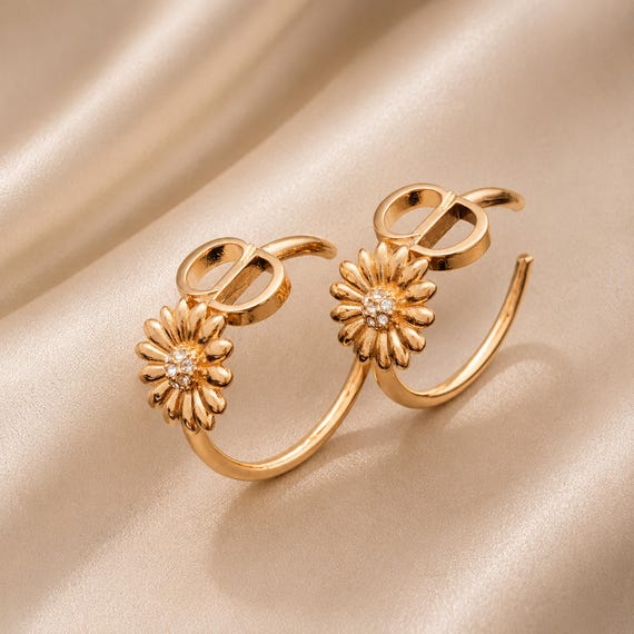 Vintage CD Daisy Hoop Earrings, Rose Gold Floral Crystal Earrings, Elegant Statement Jewelry