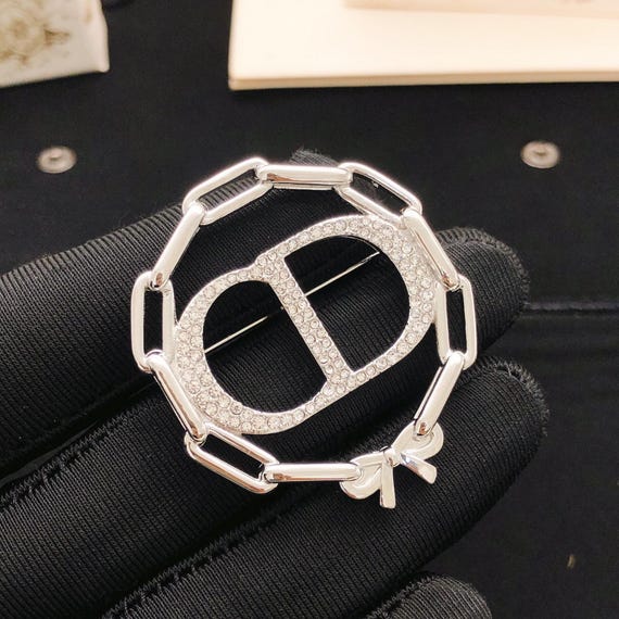 Vintage Silver Crystal Chain CD Brooch Pin, Elegant Geometric Monogram Style Brooch View 2