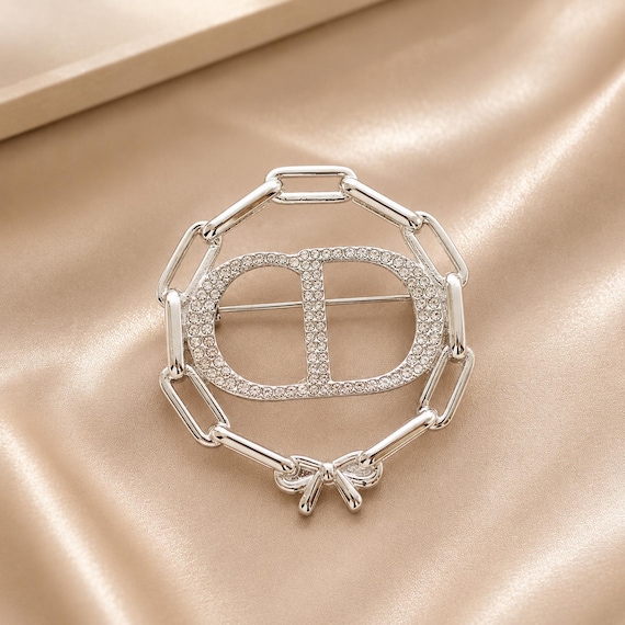 Vintage Silver Crystal Chain CD Brooch Pin, Elegant Geometric Monogram Style Brooch