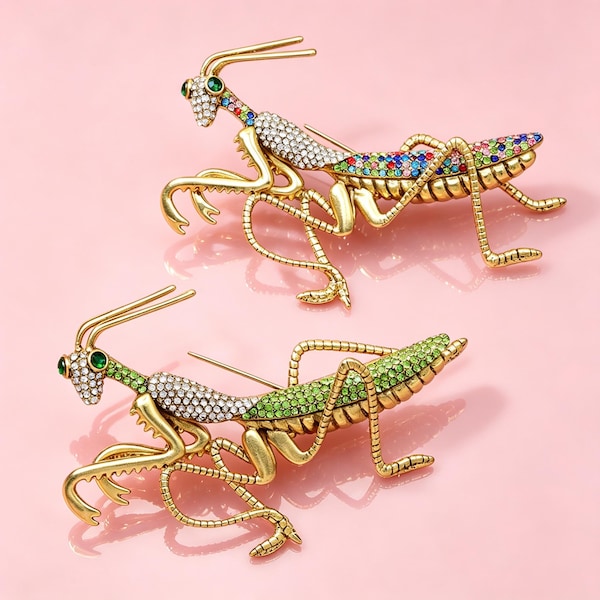 Luxury Rhinestone Praying Mantis Brooch, Crystal Insect Statement Pin, Gold Enamel Bug Jewelry, Artistic Nature Brooch Gift for Women