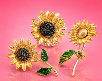 Vintage Sunflower Brooch Set, Gold Floral Statement Pins, Sunflower Jewelry Pearl Accent Nature Inspired Gift for Women