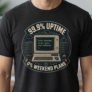 May include: A black short-sleeved t-shirt featuring a graphic of a vintage computer with the text 99.9% UPTIME and 0% WEEKEND PLANS. The screen displays status information including operational, on-call, and sleep status in a retro-style design.