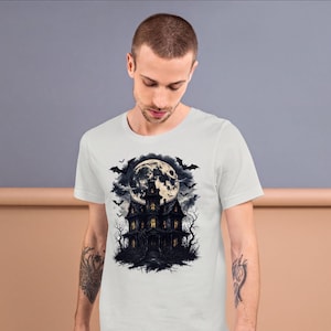 Camiseta Mansão Assombrada, Lua Gótica, Camiseta Assustadora de Halloween (Unissex P-XXG)