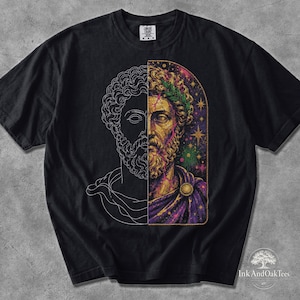 Marcus Aurelius T-Shirt, Stoic Philosopher Split Portrait, Laurel Crown (Comfort Colors 1717)