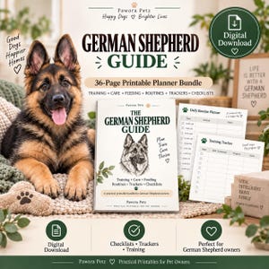 Könnte beinhalten: Ein 36-seitiger digitaler Download-Ratgeber für Deutsche Schäferhunde und ein druckbares Planer-Set mit Training, Pflege, Fütterung, Routinen, Trackern und Checklisten. Das Cover zeigt eine Illustration eines Deutschen Schäferhundes.