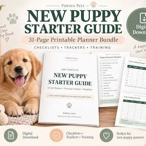May include: A 31-page printable New Puppy Starter Guide planner bundle featuring checklists, trackers, and training resources. The digital download includes pages for a puppy essential checklist, a 7-day feeding planner, and a toilet training tracker.