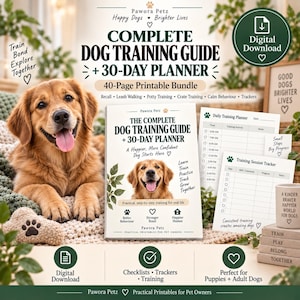 Op de afbeelding: Een 40-pagina tellende digitale download van een hondentrainingsgids en 30-dagenplanner van Pawora Petz. De set bevat een trainingsgids, dagelijkse trainingsplanner en sessietracker met checklists en trackers voor het trainen van honden.