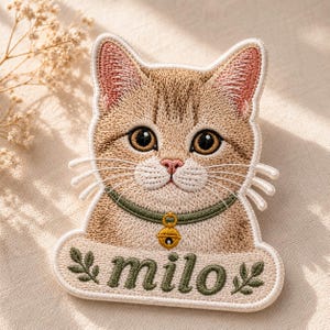 May include: An embroidered patch featuring a tan tabby cat with large brown eyes, wearing a green collar with a gold bell. Below the cat, the name "milo" is stitched in green lowercase letters, flanked by two small green leaf icons.