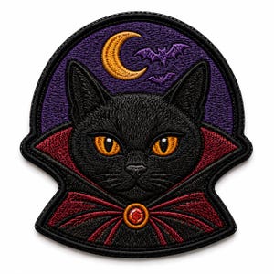 Black Cat Vampire Embroidered Iron On Patch, Halloween Cat Patch, Spooky Gothic Patch, Witchy Jacket Backpack Hat Decor Gift