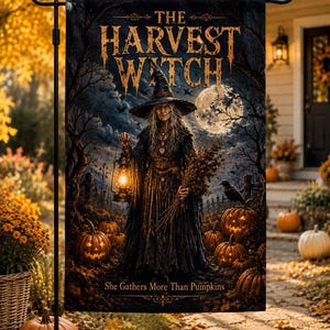 Könnte beinhalten: Eine rechteckige Gartenflagge mit einer Hexe in dunklem Gewand und spitzem Hut, die eine leuchtende Laterne und ein Bündel Zweige hält. Der Text lautet THE HARVEST WATCH und She Gathers More Than Pumpkins, umgeben von Kürbissen und Vollmond.