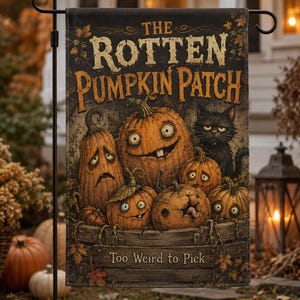 Könnte beinhalten: Eine rechteckige Gartenflagge mit dunklem Hintergrund und dem Text THE ROTTEN PUMPKIN PATCH sowie Too Weird to Pick. Die Illustration zeigt mehrere anthropomorphe Kürbisse mit ausdrucksstarken Gesichtern und eine schwarze Katze in einer Holzkiste.