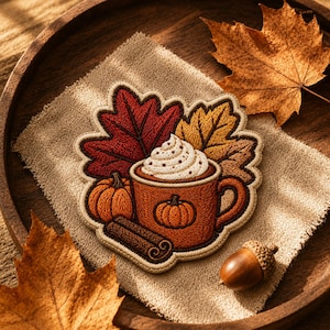Pumpkin Spice Latte Embroidered Patch, Cozy Fall Coffee, Autumn Leaves, Iron-On Bagge