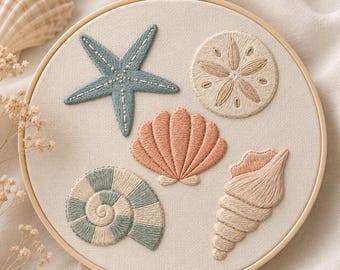 Beginner Embroidery PDF Template - Seashells