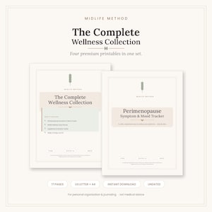 May include: A digital wellness collection set featuring two printable documents titled The Complete Wellness Collection and Perimenopause Symptom & Mood Tracker. The design uses a neutral color palette with sage green and beige accents, featuring a small leaf icon.
