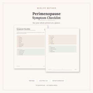 May include: A Perimenopause Symptom Checklist document by Midlife Method. The pages feature sections for physical symptoms, sleep, mood, and cycle, with checkboxes for tracking. The design uses a neutral color palette with beige and sage green accents.