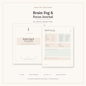 May include: A Brain Fog & Focus Journal guided workbook with 16 pages in US Letter and A4 sizes. The cover features the title and a small icon, while the interior page displays a Daily Focus Log with checkboxes for tracking mental clarity.