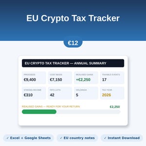 May include: A digital EU Crypto Tax Tracker spreadsheet interface featuring an annual summary dashboard. It displays financial data including proceeds of €9,400, cost basis of €7,150, realised gains of +€2,250, 17 taxable events, €310 staking income, 42 FIFO lots, 5 holdings, and the tax year 2026.