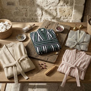 May include: Four robes in various colors and patterns are displayed on a wooden table. One robe is solid beige, one is dark green with white stripes, one is light gray with thin stripes, and one is light pink with thin white stripes. Each robe has a tie belt.
