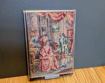 Austrian Petit Point Powder Compact "Airflo" Super Flapjack. Faux Tortoiseshell c1940s