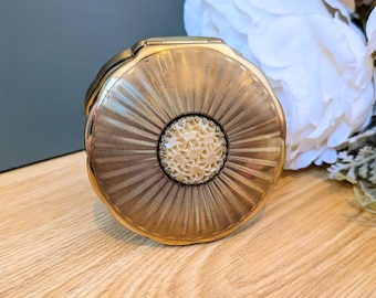 Vintage Goldtone Powder Compact Faux Coral Cabochon, Iris Brand England