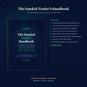 Op de afbeelding: Een donkerblauwe digitale gids getiteld The Funded Trader's Handbook, met een inhoudsopgave over prop-firma's, financiële wiskunde, risicobeheer en handelspsychologie. Het document bevat 14 hoofdstukken en 23 pagina's als een direct downloadbaar PDF.