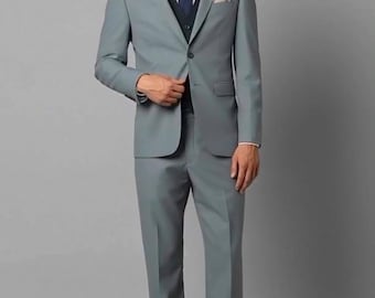 Men's 3 Piece Suit Set Grey & Blue Wedding Tuxedo Blazer Vest Pant Formal