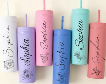 Birth Flower Skinny Tumbler, Custom Name Cup, Bridesmaid Proposal Gift, Wedding Party Favor, 16oz Tumbler with Lid and Straw