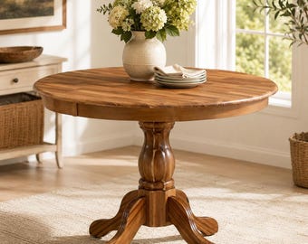 Mesa de comedor redonda de madera maciza de caucho de 42 pulgadas con pedestal.