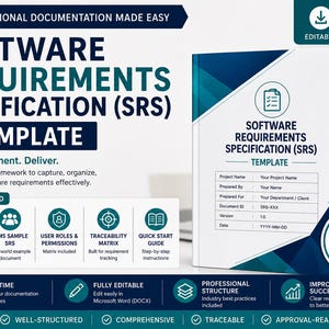 Puede incluir: Una plantilla de documento de Especificación de Requisitos de Software (SRS) con un diseño de portada en azul y blanco. El documento incluye secciones para nombre del proyecto, preparado por, preparado para, ID de documento, versión y fecha.