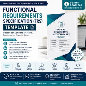Può includere: Un modello digitale di specifica dei requisiti funzionali (FRS) con un design di copertina geometrico blu e bianco. Il modello include sezioni per nome del progetto, autore, ID documento, versione e data, accompagnate da varie icone.