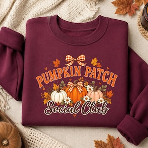 Pumpkin Patch Social Club Crew Neck, Vintage Autumn Graphic Sweatshirt, Mysig hösttröja