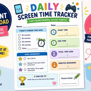 May include: A printable daily screen time tracker sheet featuring sections for name, date, screen time goals, start and end times, total time used, minutes remaining, and goal achievement status, decorated with colourful icons of a tablet, controller, and trophy.