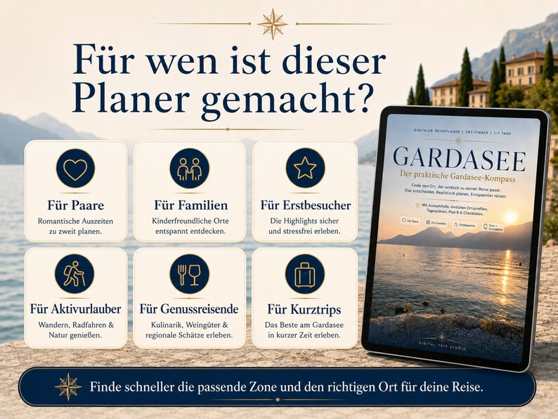 May include: A digital travel planner for Lake Garda displayed on a tablet screen. The interface features six icons with text labels for couples, families, first-time visitors, active travelers, food enthusiasts, and short trips, plus a search bar.