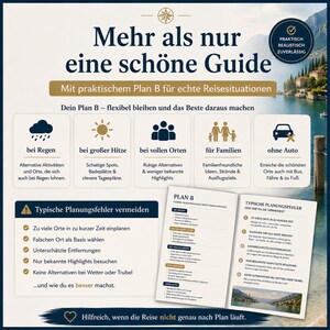 May include: A travel guide infographic titled Mehr als nur eine sch&ouml;ne Guide, featuring a Plan B section for rain, heat, crowds, families, and car-free travel. It includes a list of common planning mistakes and an open booklet displaying travel tips.