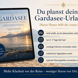May include: A digital tablet displaying a Lake Garda travel planner guide. The screen shows a sunset over the lake with the title GARDASEE and text in German. To the right, a list of travel planning benefits is presented with icons.